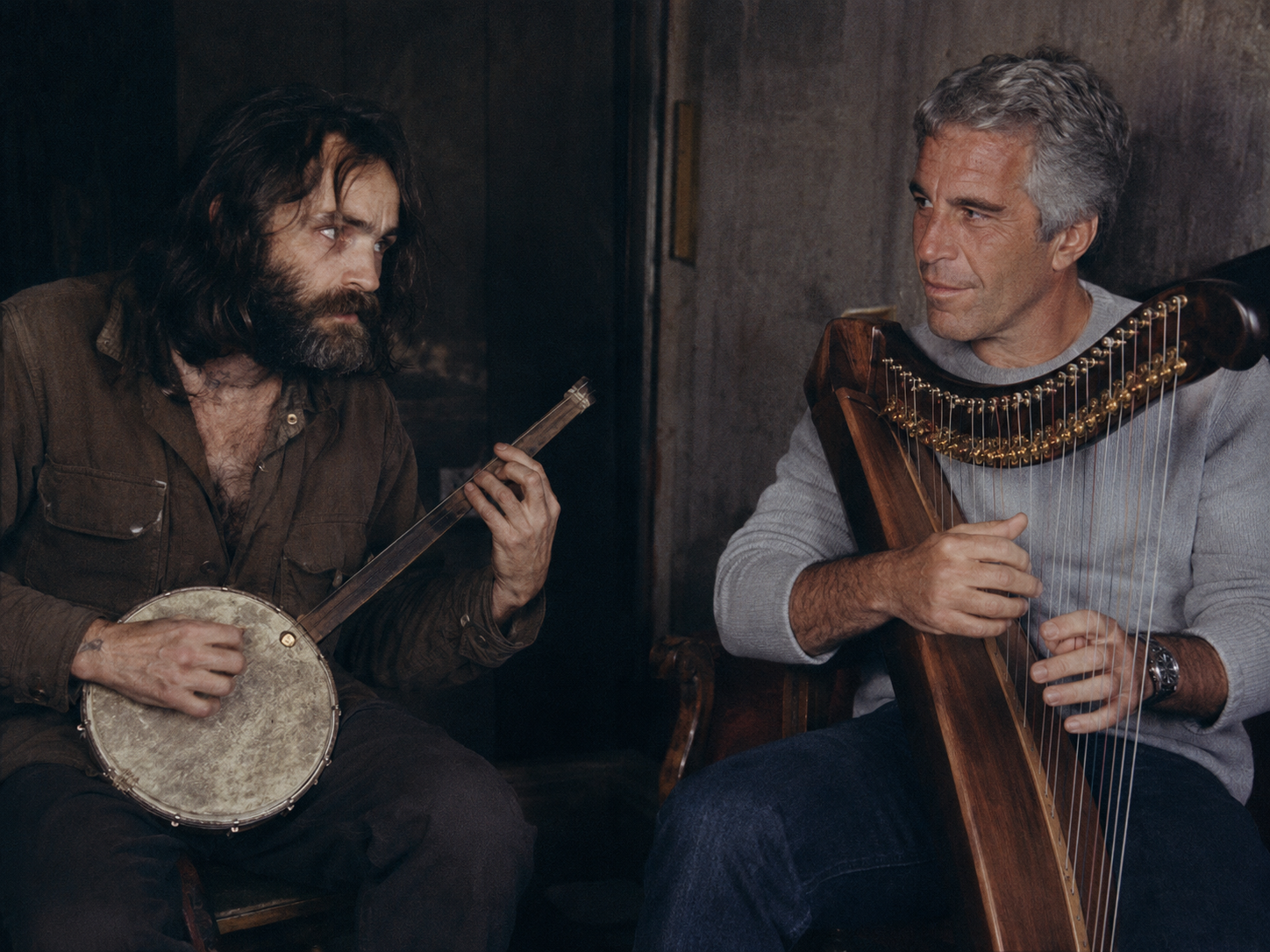 A generated portrait of two figures facing each other, one with a rough banjo-like instrument and one with a harp.