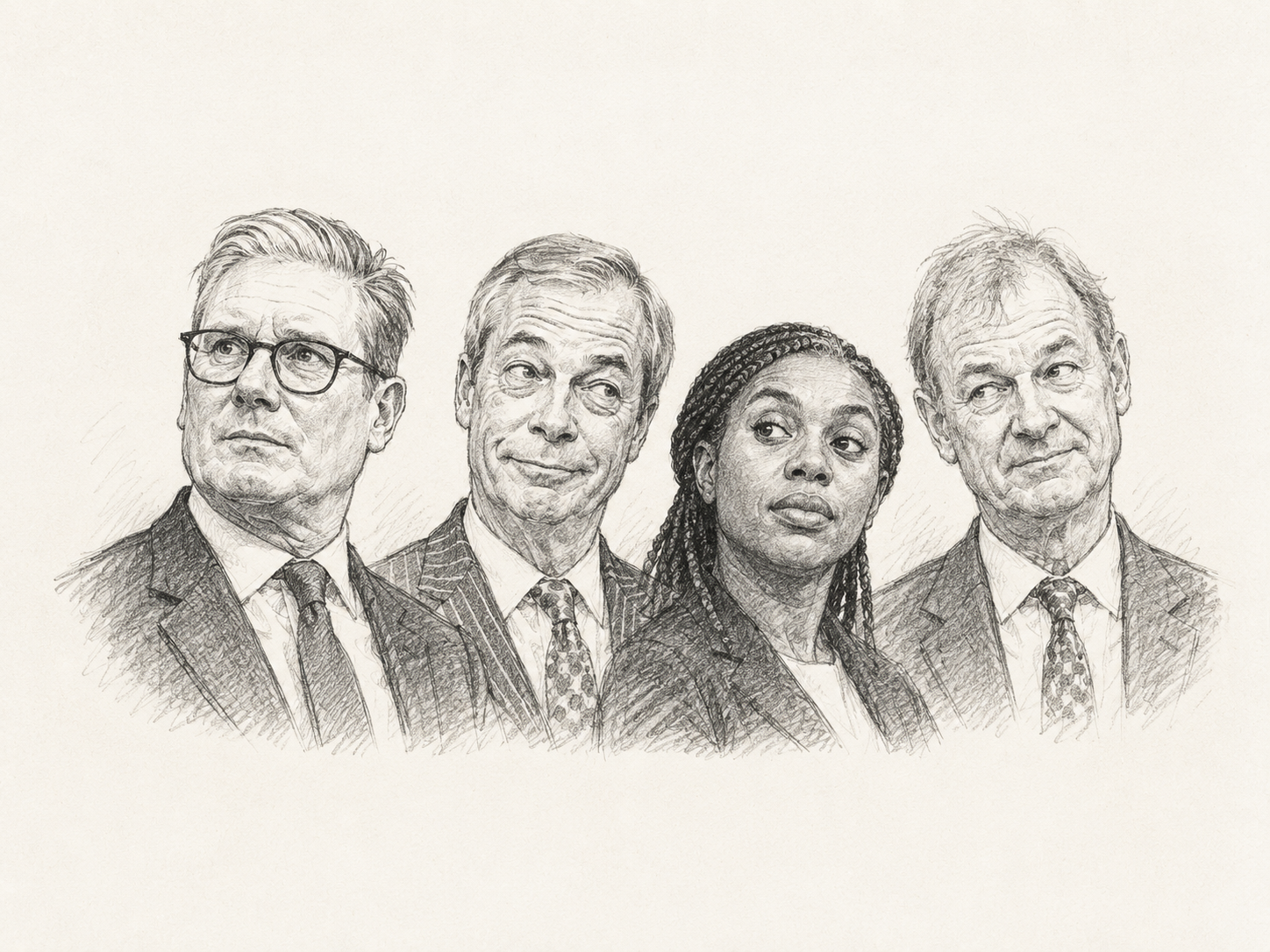 Pencil sketch of leading figures in current UK politics