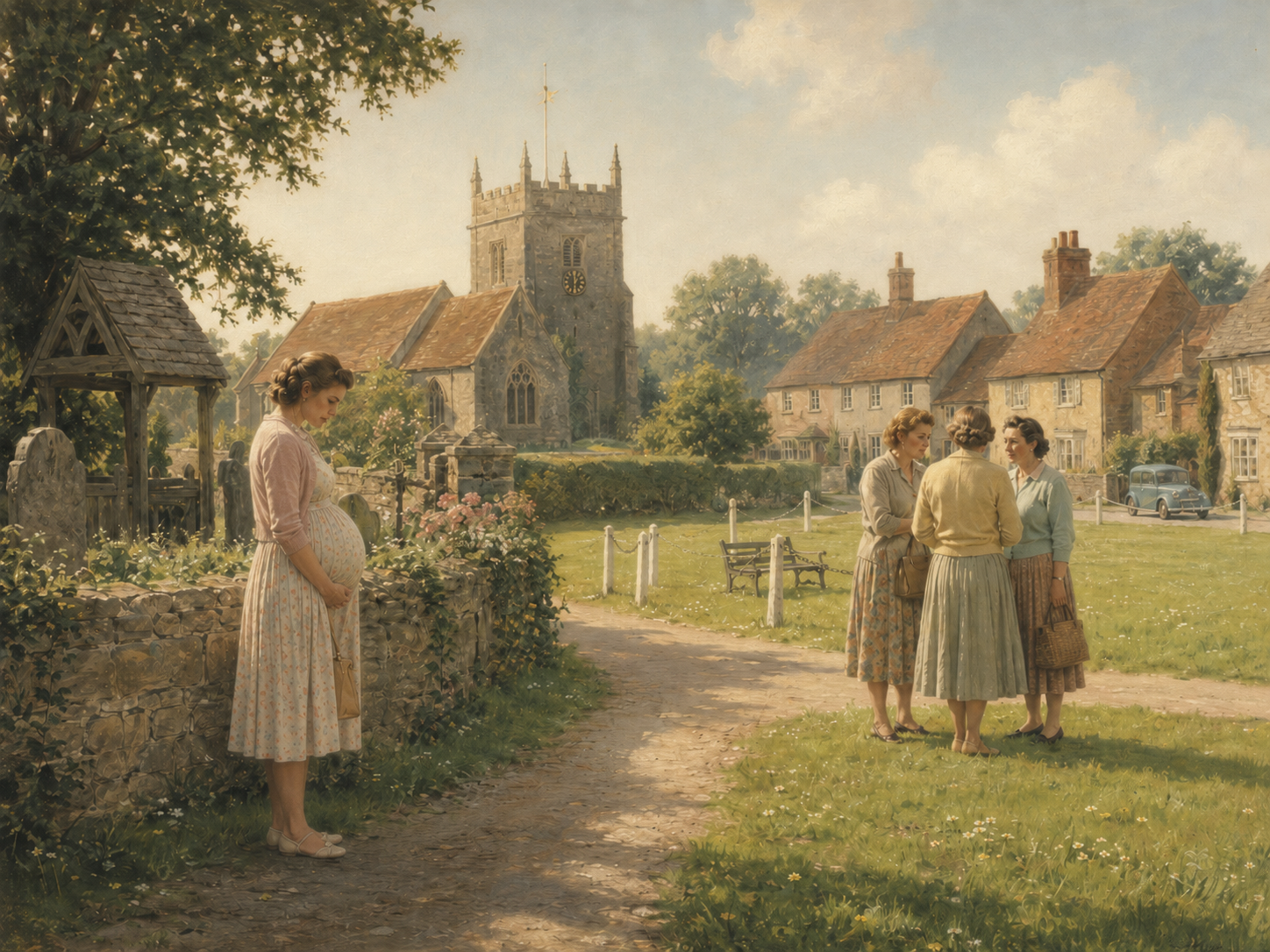 A pastel-toned 1950s or 1960s English village scene showing a pregnant young woman standing apart while a small group of women talk together on the village green.