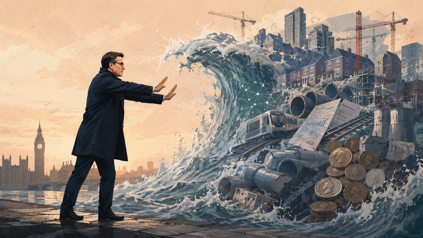 A politician stands before a symbolic incoming wave made of housing, infrastructure, markets and industrial machinery.