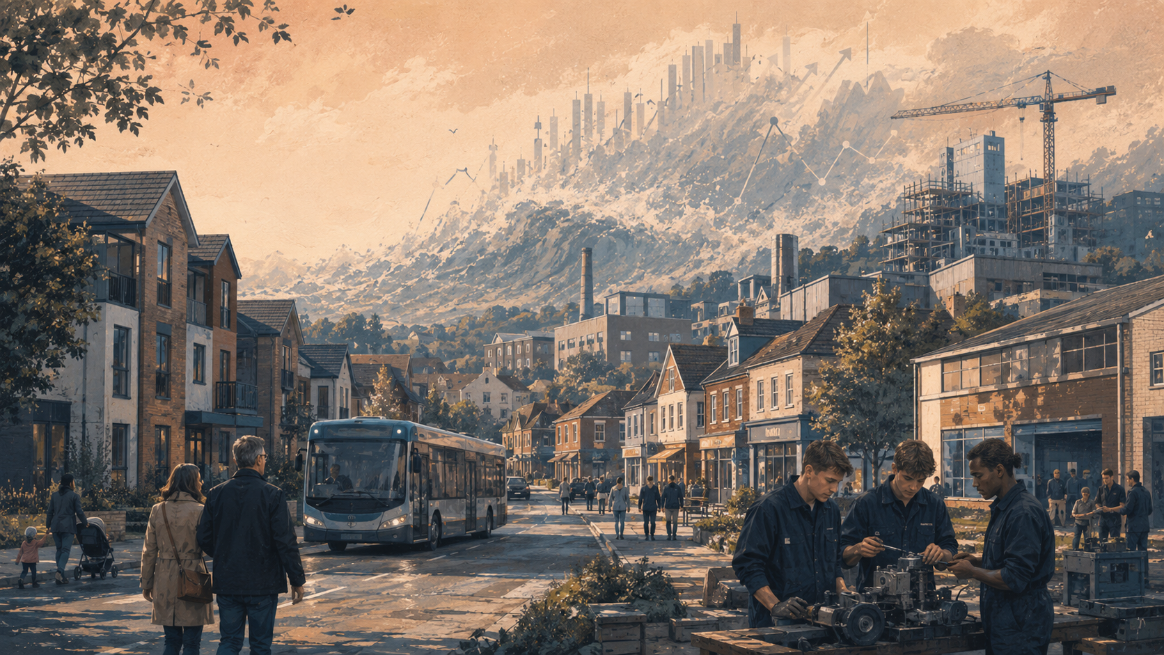 A British town street with new homes, a bus, apprentices and industry, with larger constraints looming in the distance.
