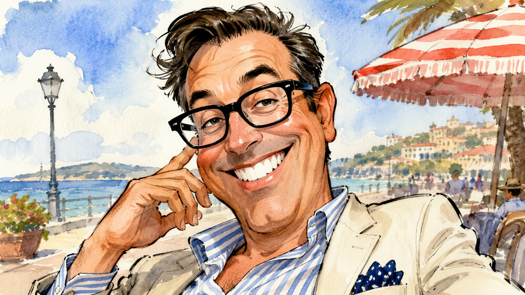 Caricature portrait of Bad Teeth grinning at a seaside cafe