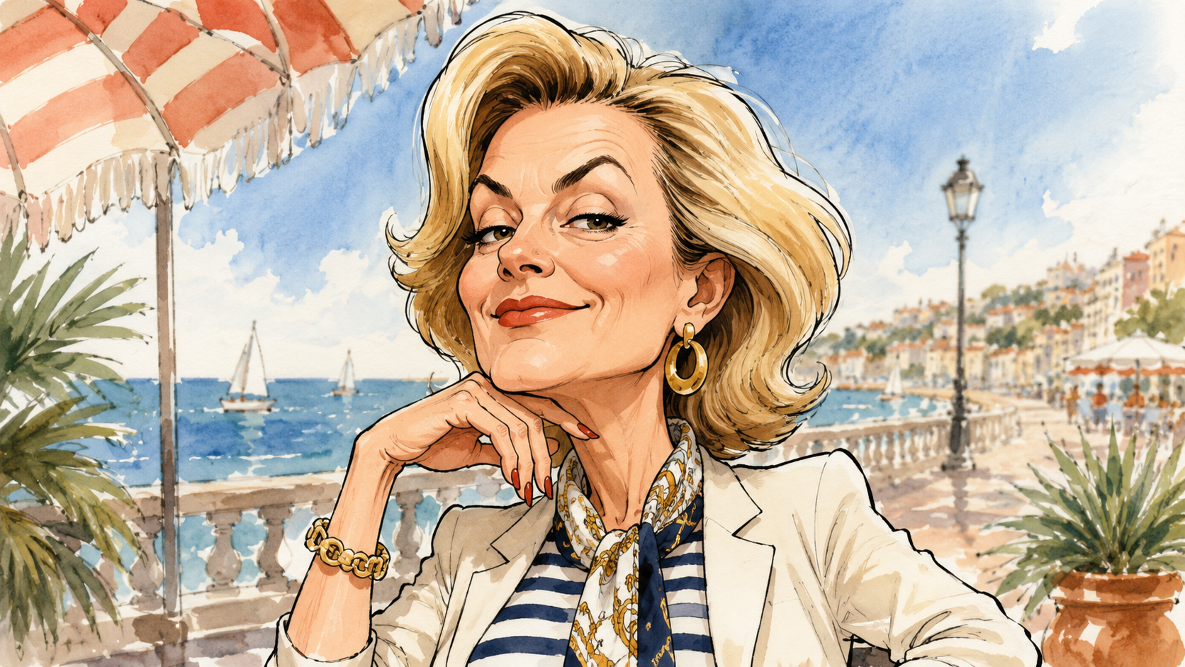 Caricature portrait of Mateless at a sunny seaside promenade