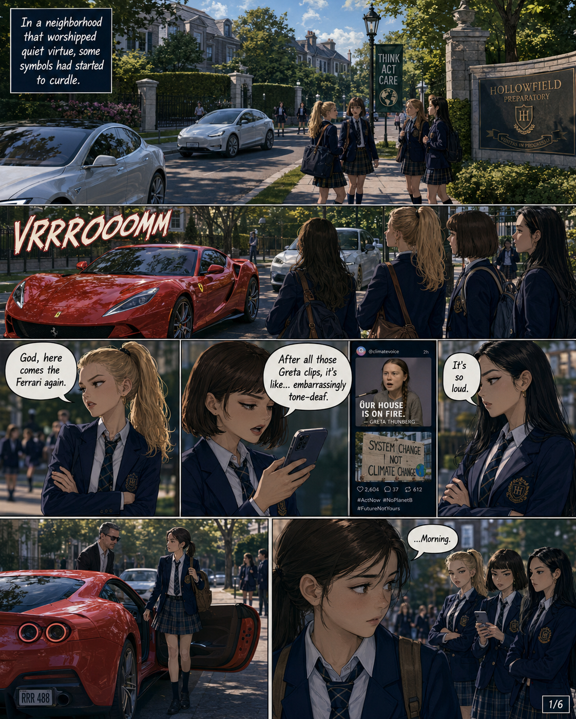 Comic page 1: the Ferrari arrives at the school gate while girls notice and react.