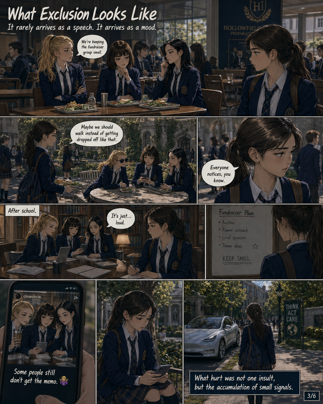Comic page 3: subtle school exclusion around lunch and social planning.