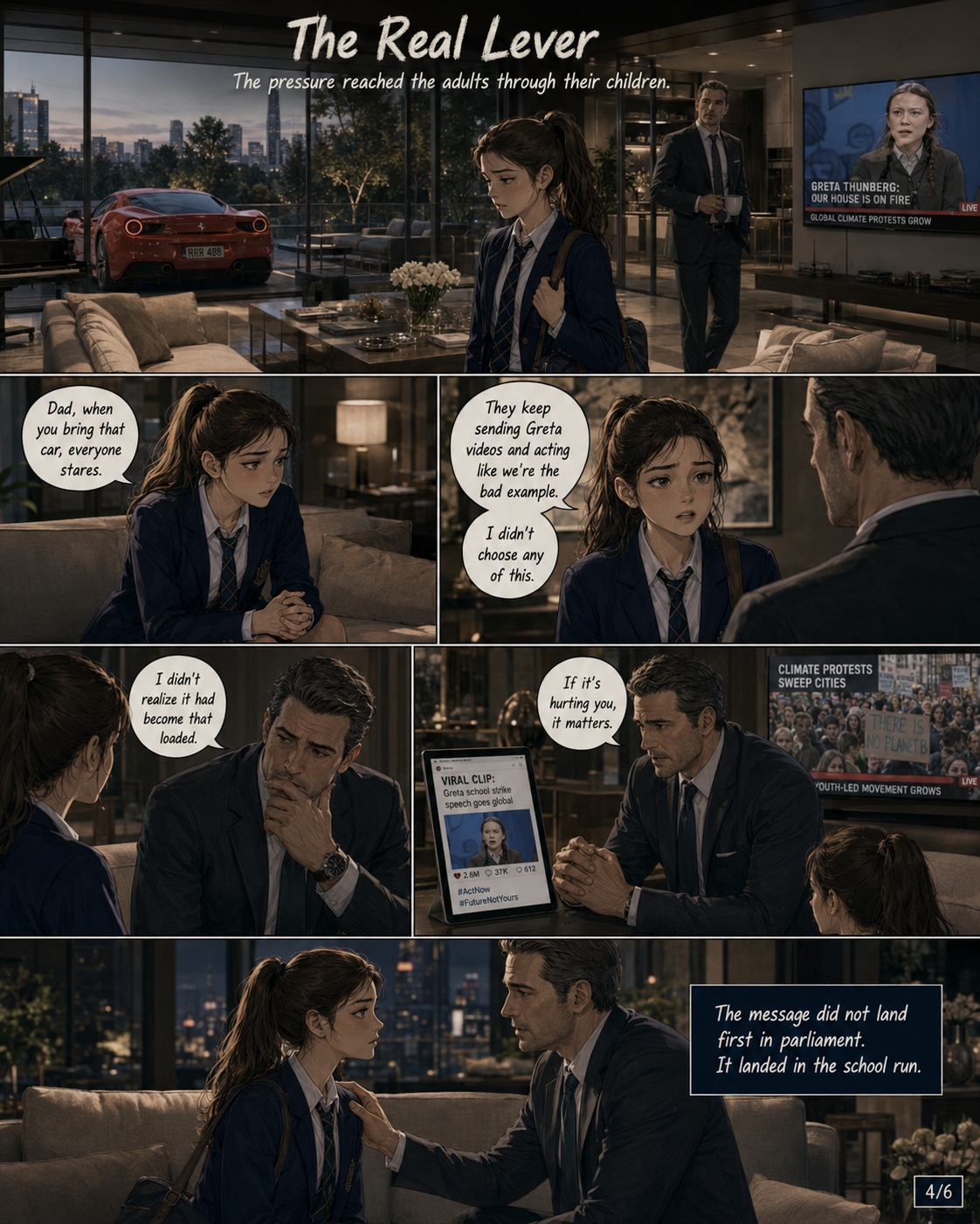 Comic page 4: the daughter explains to her executive father that the car is hurting her socially.