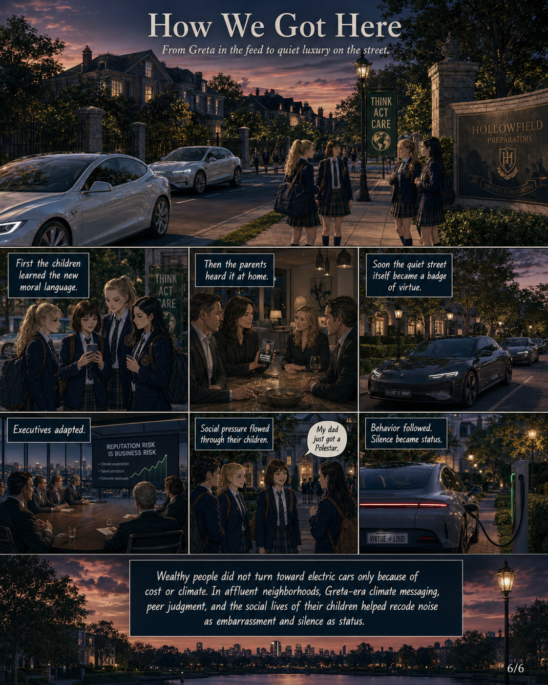 Comic page 6: final thesis about Greta-era climate messaging, peer judgment, and silence as status.