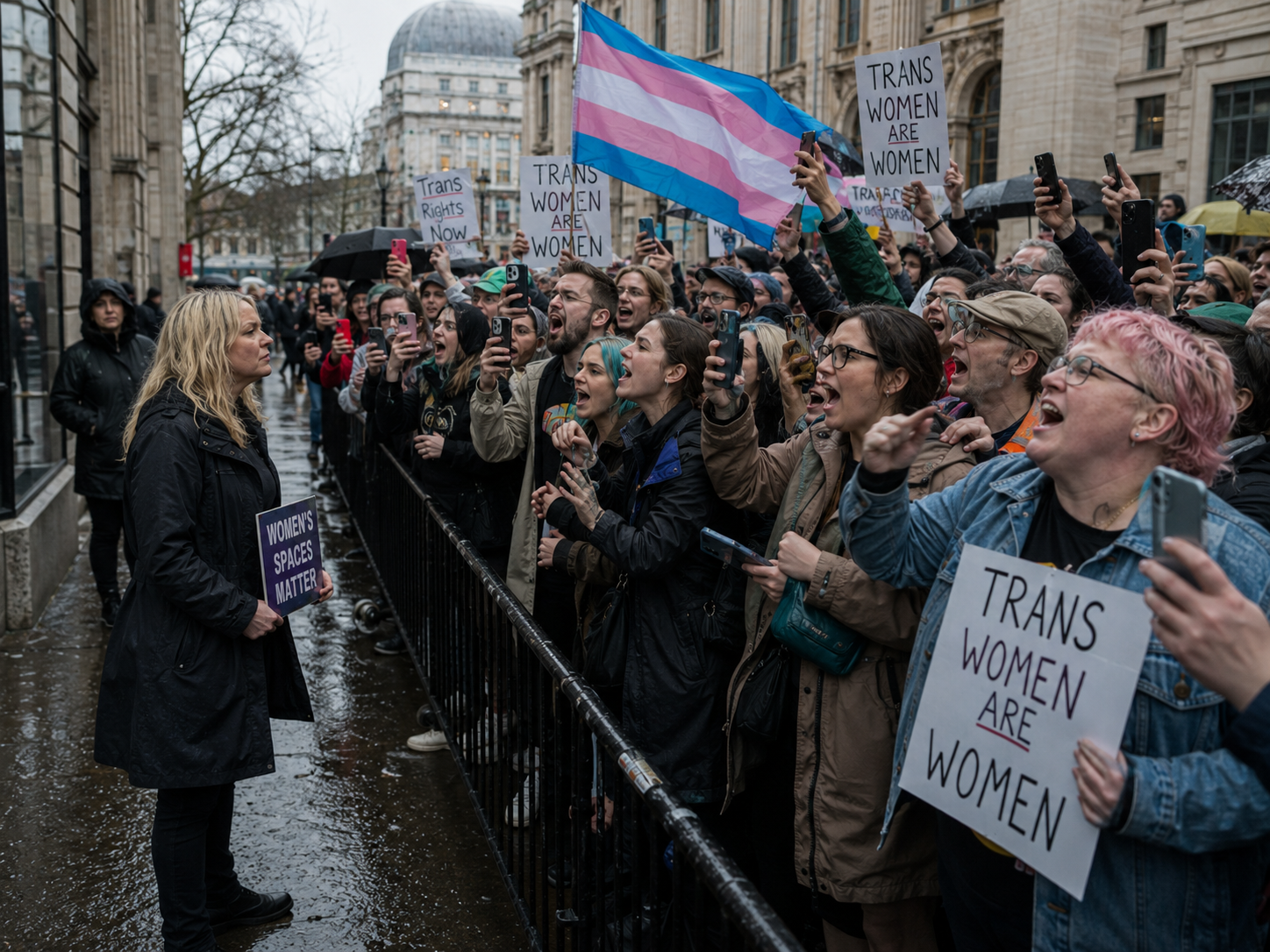 A contemporary street protest scene showing a lone woman holding a women's-spaces sign facing a much larger crowd of trans-allied protesters with placards and phones.