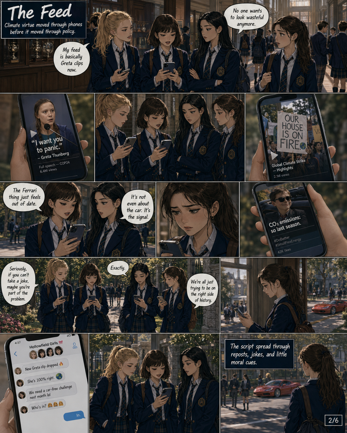 Comic page 2: climate messaging and Greta clips circulate through phones and social media.