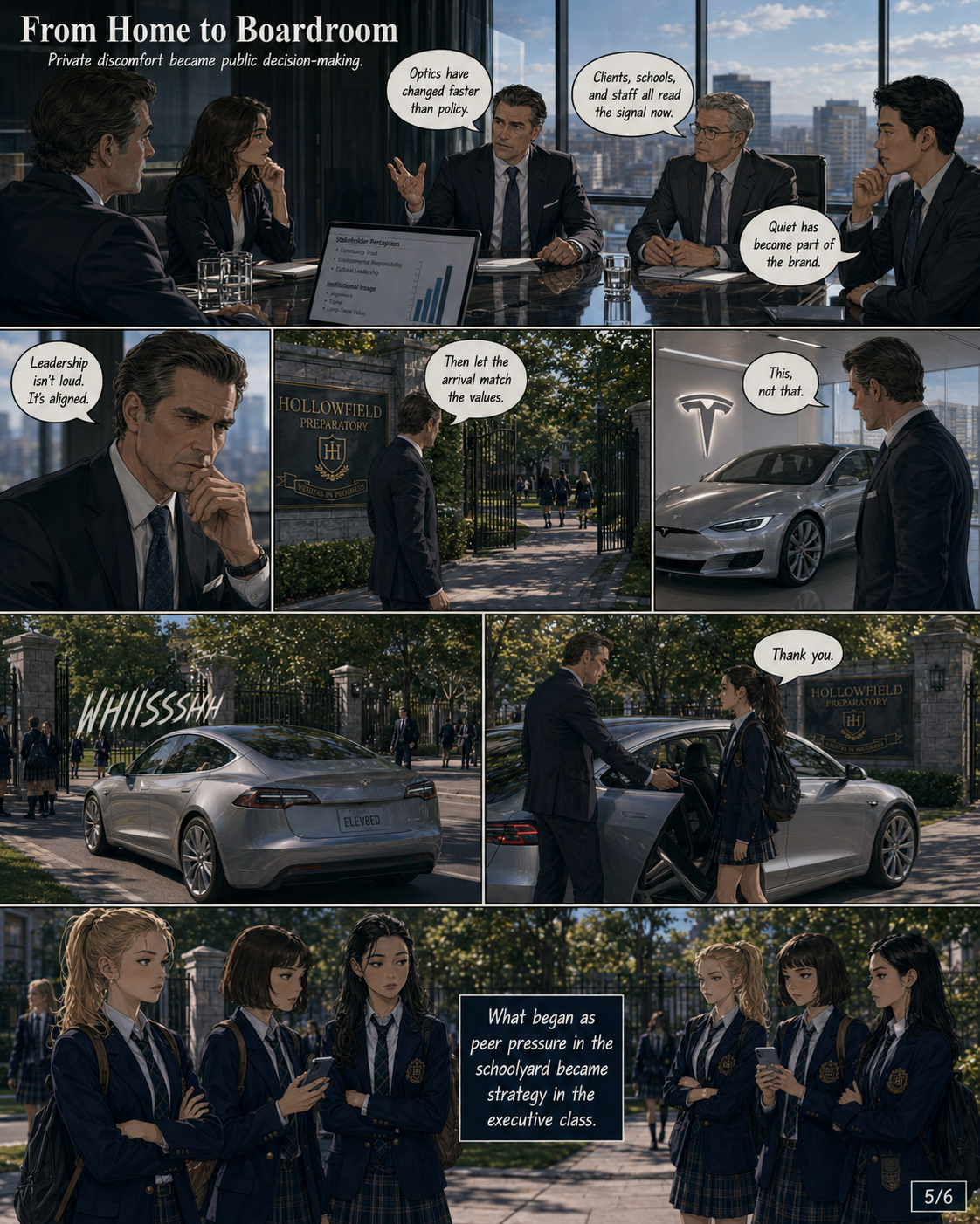 Comic page 5: the father and other executives connect quiet arrivals with brand and reputation.